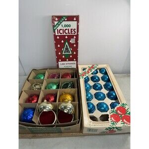 Vintage Shiny And Bright 27 ct Multicolor Holiday Ornaments Boxed Plus Tinsel
